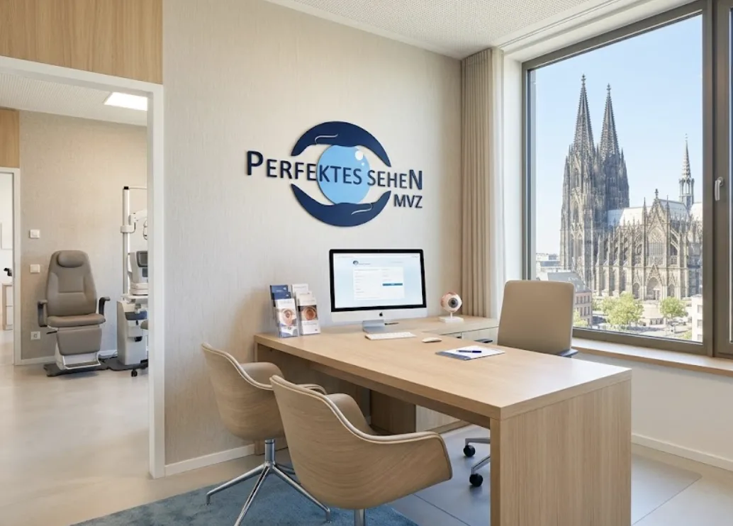 Beratungsraum im MVZ Perfektes-Sehen in Köln mit Blick auf den Kölner Dom