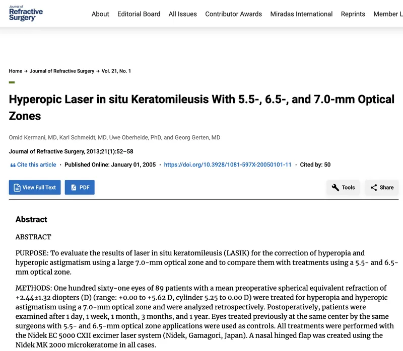 Hyperopic LASIK with 5.5–7.0 mm Optical Zones