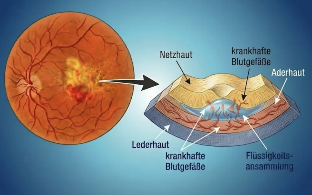 Schematische Darstellung der feuchten AMD: Krankhafte Blutgefäße wachsen unter der Netzhaut